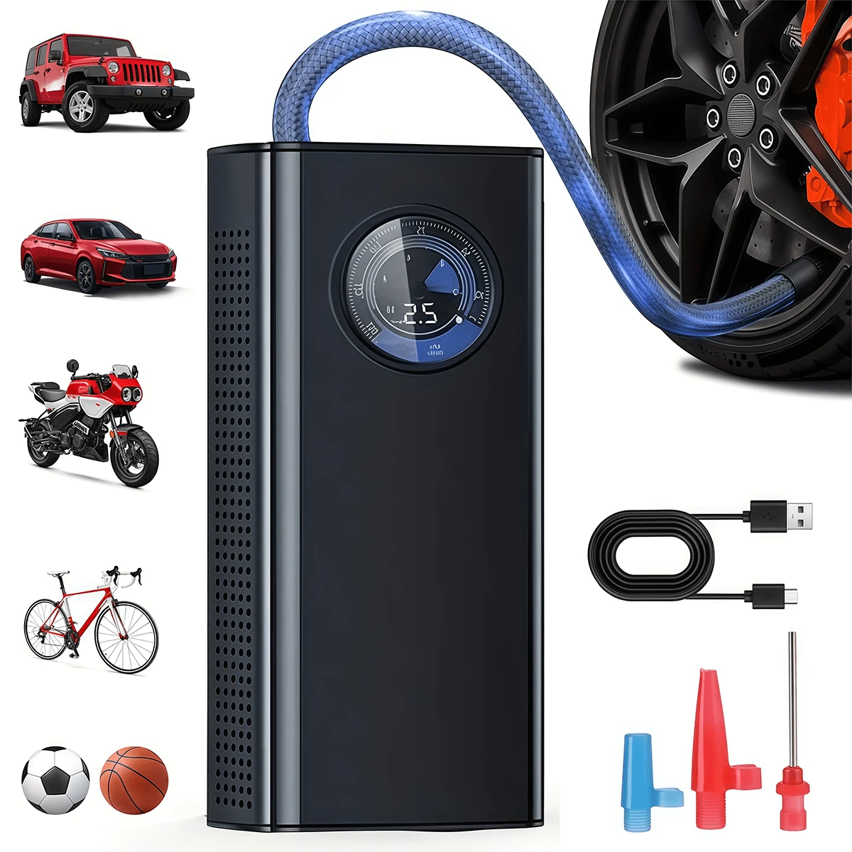 Portable Car Tire Air Pump 150PSl Digital Display Air Pump, With LED Lighting, Wireless Usb Charging, Compact And Lightweight, Suitable For Portable Emergency Equipment Such As Bicycles And Car Balls