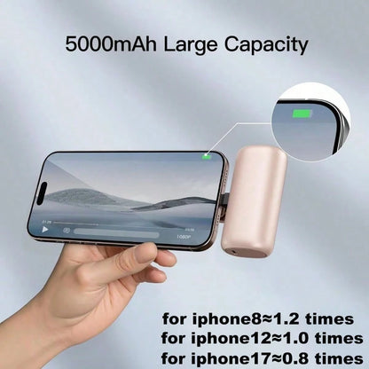 Portable Charger For IPhone, Equipped With A 2-In-1 Interface, 5000mAh Compact Power Bank, Compatible With IPhone 17/16/15/14/13/12/11 Series, S25/24, Android, Pink, Suitable For Summer Outdoor Travel