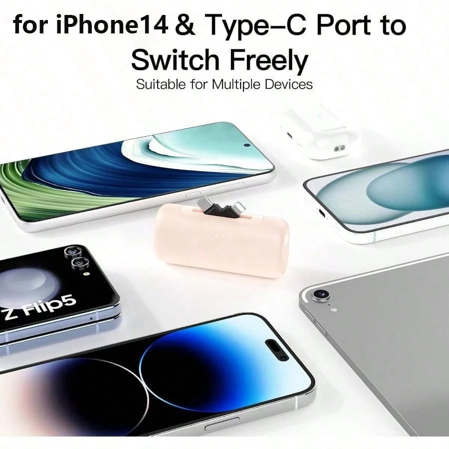 Portable Charger For IPhone, Equipped With A 2-In-1 Interface, 5000mAh Compact Power Bank, Compatible With IPhone 17/16/15/14/13/12/11 Series, S25/24, Android, Pink, Suitable For Summer Outdoor Travel