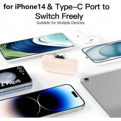 Portable Charger For IPhone, Equipped With A 2-In-1 Interface, 5000mAh Compact Power Bank, Compatible With IPhone 17/16/15/14/13/12/11 Series, S25/24, Android, Pink, Suitable For Summer Outdoor Travel