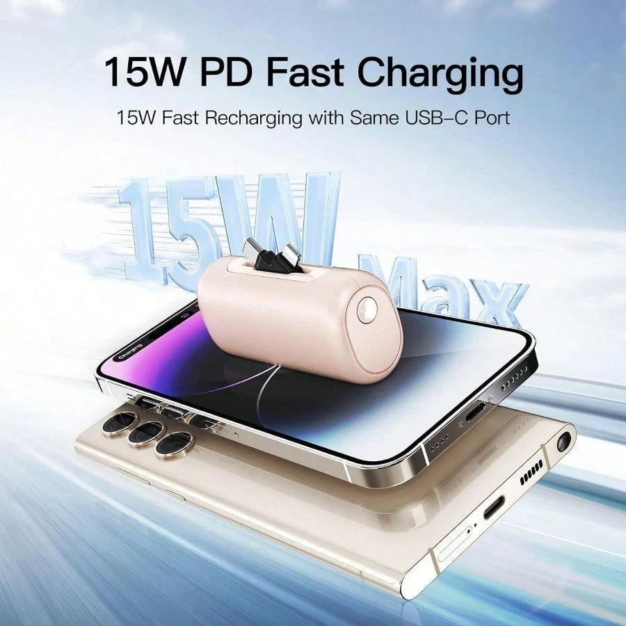 Portable Charger For IPhone, Equipped With A 2-In-1 Interface, 5000mAh Compact Power Bank, Compatible With IPhone 17/16/15/14/13/12/11 Series, S25/24, Android, Pink, Suitable For Summer Outdoor Travel