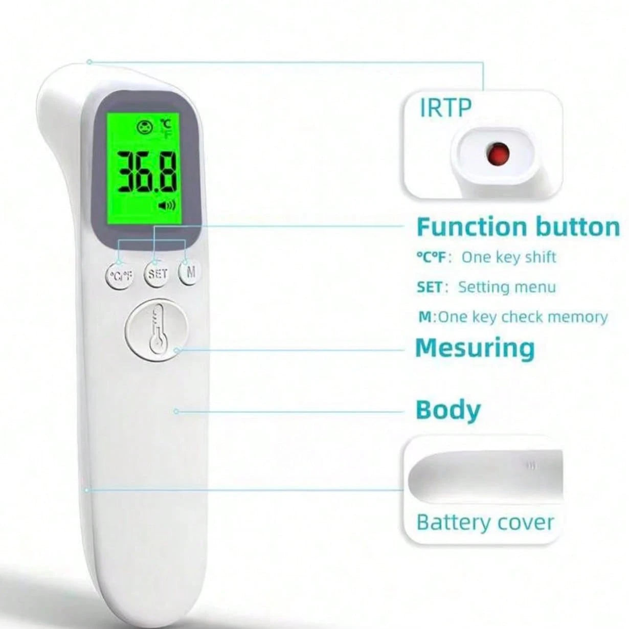 Portable Temperature Thermometer Forehead Digital Non-Contact Thermomete LED Display Fever Measure Tool Surface/Body Mode Digital Thermometer Forehead Thermometer Ear Thermometer