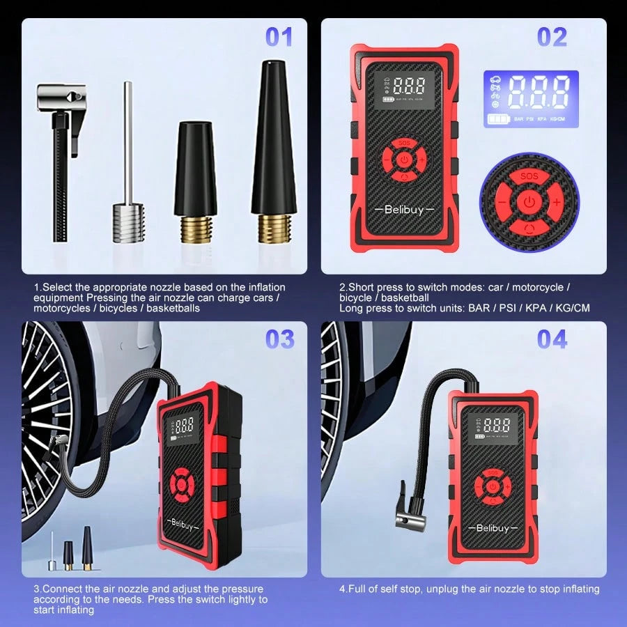 Portable Tire Inflator Air Compressor, Cordless Fast Inflation Pump With Digital Display & MultiNozzle Adapters, Built-In Long-Lasting Lithium Battery, For Car Motorcycle Bike Tires & Balls,Auto Acces