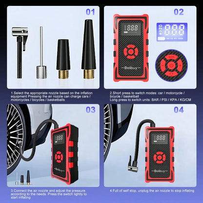Portable Tire Inflator Air Compressor, Cordless Fast Inflation Pump With Digital Display & MultiNozzle Adapters, Built-In Long-Lasting Lithium Battery, For Car Motorcycle Bike Tires & Balls,Auto Acces
