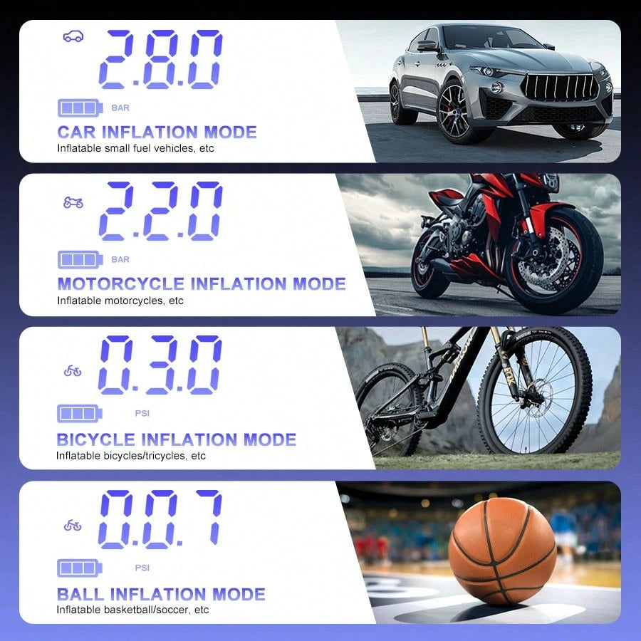 Portable Tire Inflator Air Compressor, Cordless Fast Inflation Pump With Digital Display & MultiNozzle Adapters, Built-In Long-Lasting Lithium Battery, For Car Motorcycle Bike Tires & Balls,Auto Acces