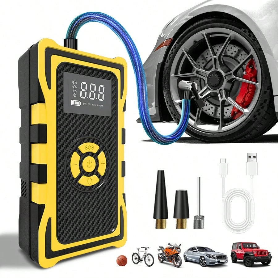 Portable Tire Inflator Air Compressor, Cordless Fast Inflation Pump With Digital Display & MultiNozzle Adapters, Built-In Long-Lasting Lithium Battery, For Car Motorcycle Bike Tires & Balls,Auto Acces