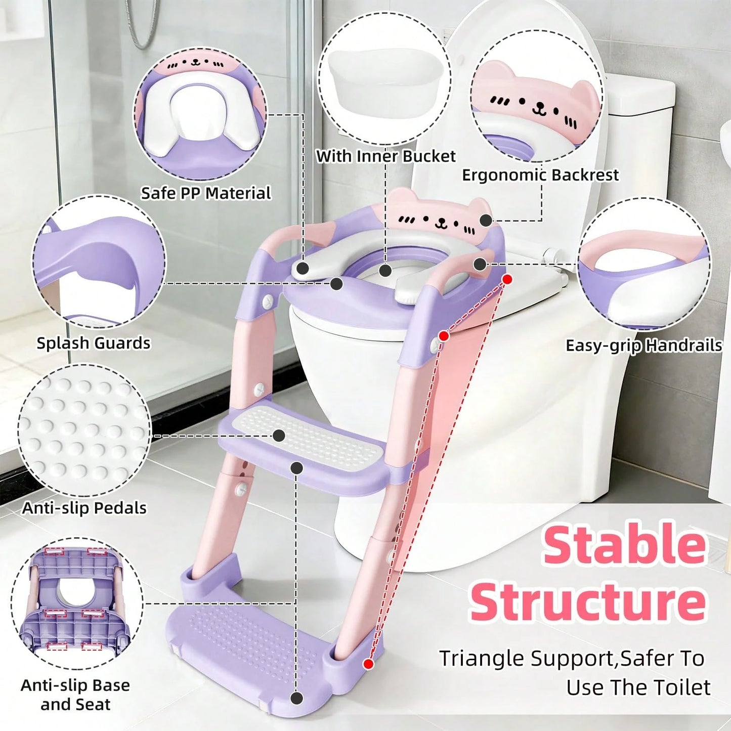 Potty Training Seat With Step Stool Ladder, 3-In-1 Toddler Toilet Seat And Potty Chair With Splash Guard, Anti-Slip Pad Adjustable