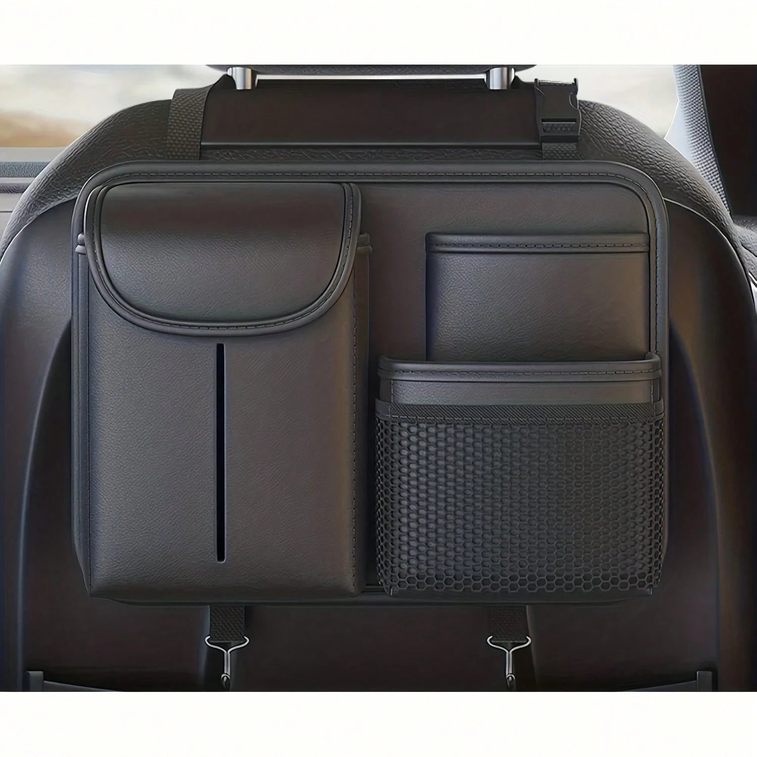 Premium Leather Car Seat Back Organizer With Cup And Tissue Holder, Multi-Pocket Storage With Adjustable Straps For SUVs, Trucks, Sedans (Black)