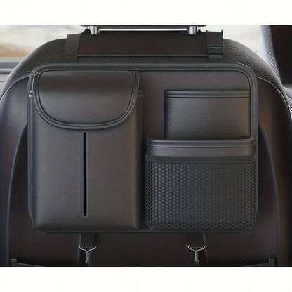 Premium Leather Car Seat Back Organizer With Cup And Tissue Holder, Multi-Pocket Storage With Adjustable Straps For SUVs, Trucks, Sedans (Black)