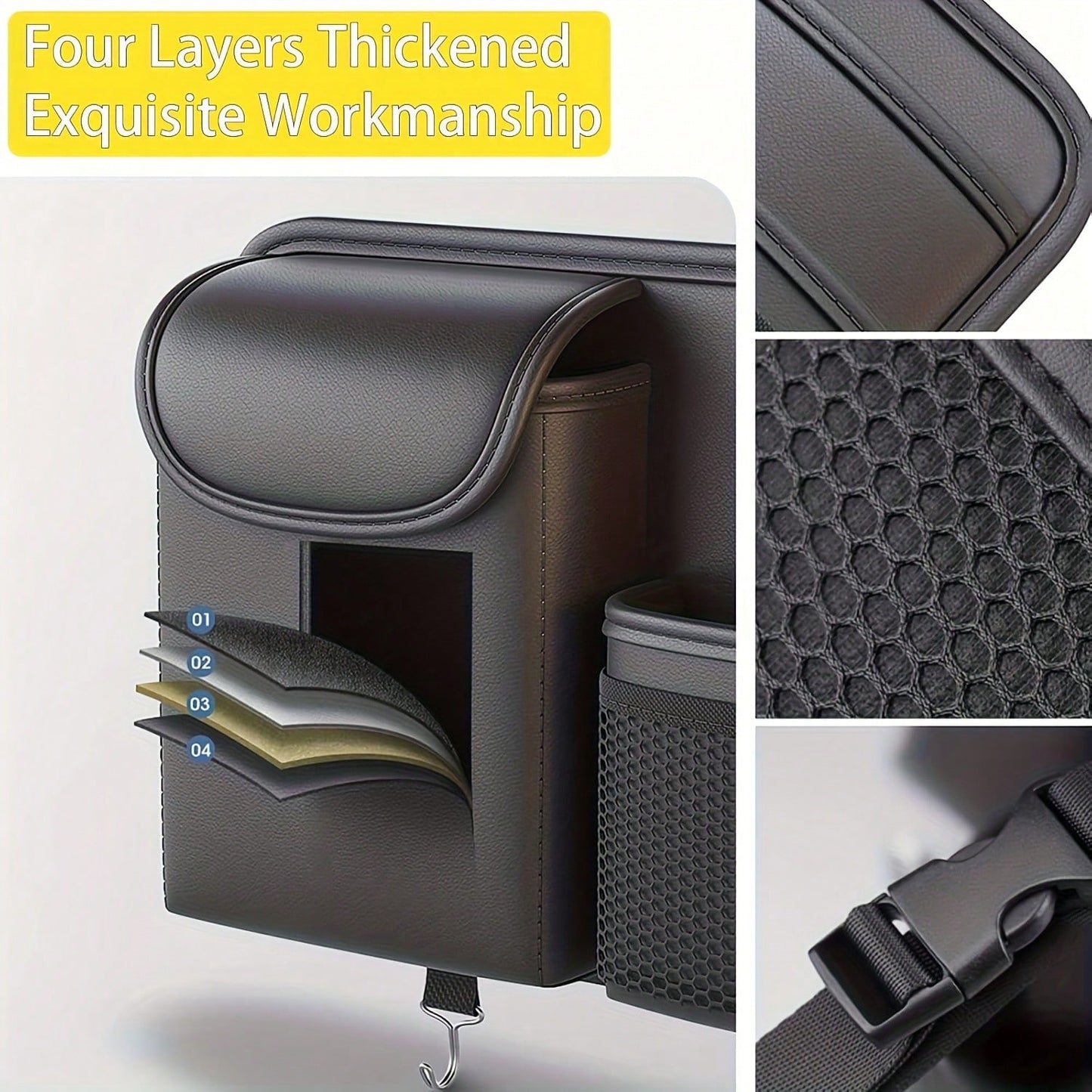 Premium Leather Car Seat Back Organizer With Cup And Tissue Holder, Multi-Pocket Storage With Adjustable Straps For SUVs, Trucks, Sedans (Black)