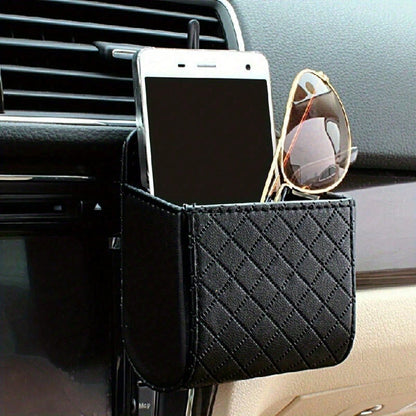 Premium PU Leather Car Air Vent Organizer: Hanging Storage Bag With Multi-Pockets For Phone, Keys, Glasses. Anti-Slip Hook & Universal Fit (1 Pack)