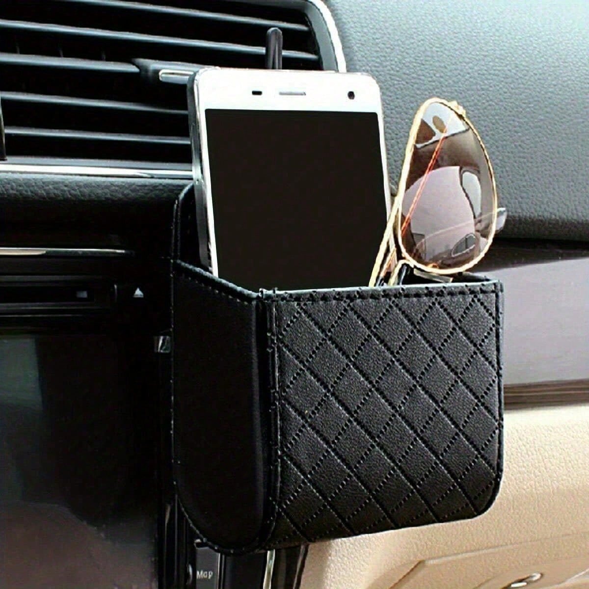 Premium PU Leather Car Air Vent Organizer: Hanging Storage Bag With Multi-Pockets For Phone, Keys, Glasses. Anti-Slip Hook & Universal Fit (1 Pack)
