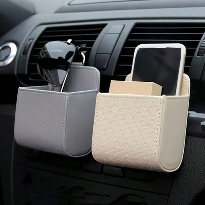 Premium PU Leather Car Air Vent Organizer: Hanging Storage Bag With Multi-Pockets For Phone, Keys, Glasses. Anti-Slip Hook & Universal Fit (1 Pack)