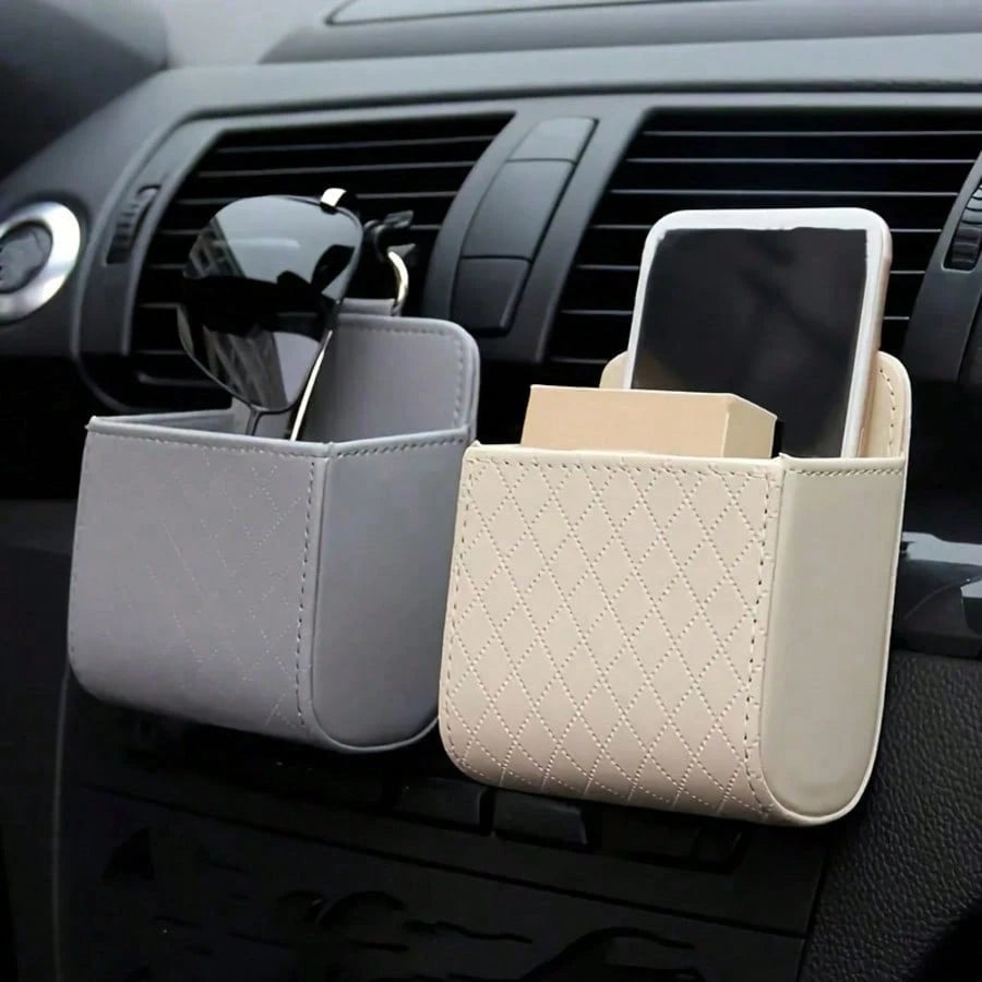 Premium PU Leather Car Air Vent Organizer: Hanging Storage Bag With Multi-Pockets For Phone, Keys, Glasses. Anti-Slip Hook & Universal Fit (1 Pack)