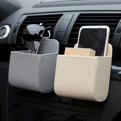 Premium PU Leather Car Air Vent Organizer: Hanging Storage Bag With Multi-Pockets For Phone, Keys, Glasses. Anti-Slip Hook & Universal Fit (1 Pack)