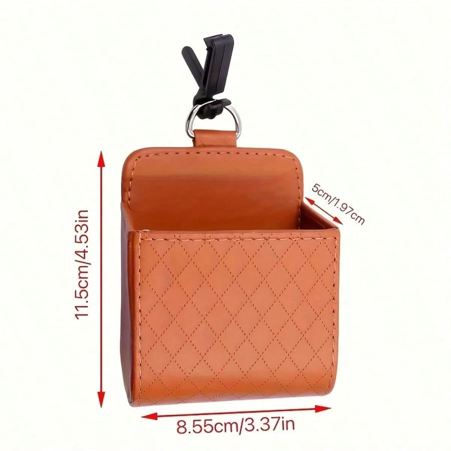 Premium PU Leather Car Air Vent Organizer: Hanging Storage Bag With Multi-Pockets For Phone, Keys, Glasses. Anti-Slip Hook & Universal Fit (1 Pack)