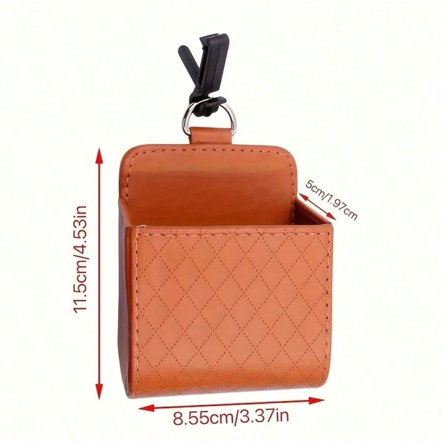 Premium PU Leather Car Air Vent Organizer: Hanging Storage Bag With Multi-Pockets For Phone, Keys, Glasses. Anti-Slip Hook & Universal Fit (1 Pack)