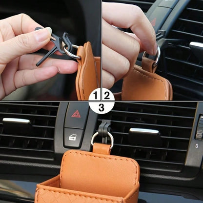Premium PU Leather Car Air Vent Organizer: Hanging Storage Bag With Multi-Pockets For Phone, Keys, Glasses. Anti-Slip Hook & Universal Fit (1 Pack)