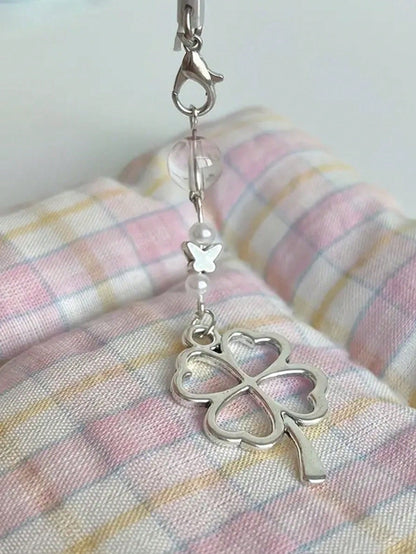 Pretty Girl's Handmade Beaded Four-Leaf Clover And Butterfly Bag Charm Phone Keychain Gifts For Mother, Family, Friends, Birthday, Holiday Phone Charm, Phone Chain