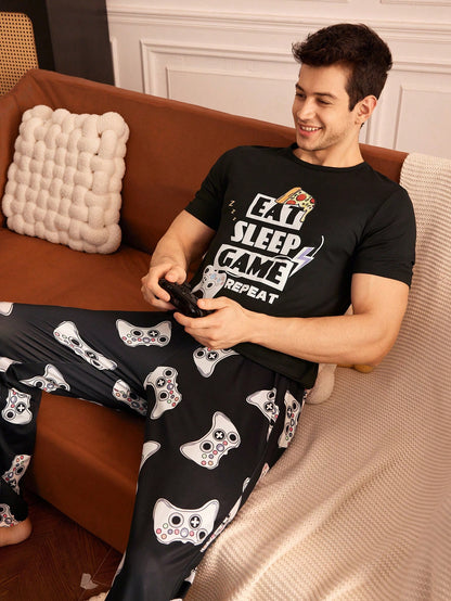 Provexi Men's Pajama Set, Printed Short Sleeve Top And Long Pants