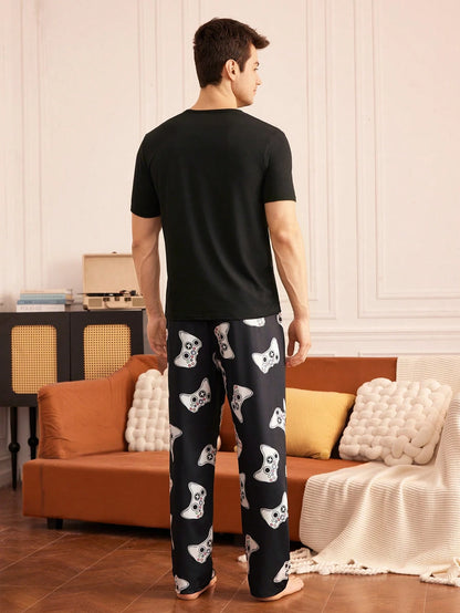Provexi Men's Pajama Set, Printed Short Sleeve Top And Long Pants