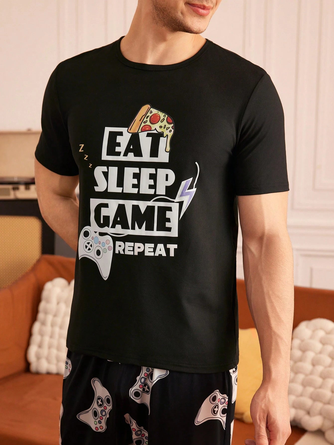 Provexi Men's Pajama Set, Printed Short Sleeve Top And Long Pants