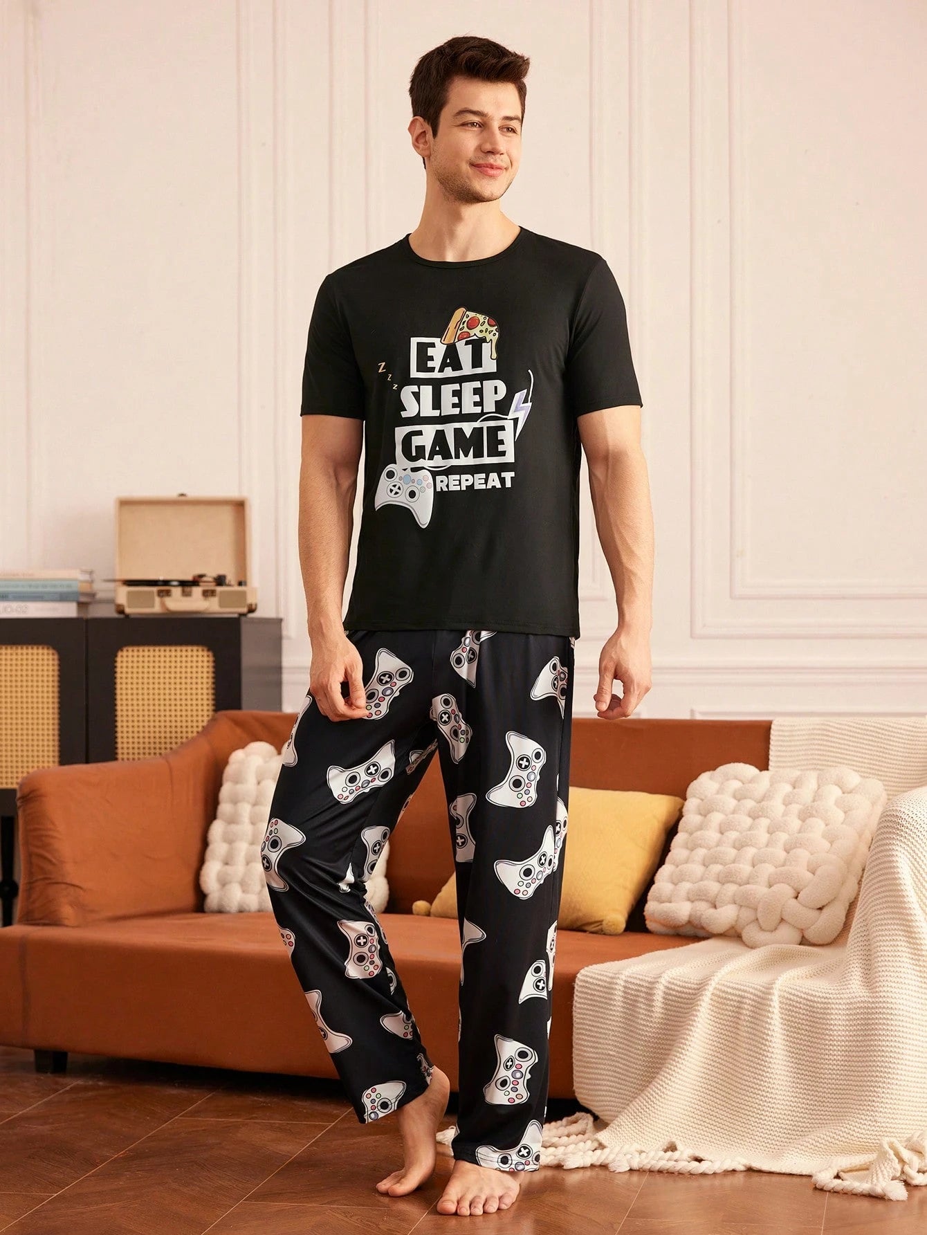Provexi Men's Pajama Set, Printed Short Sleeve Top And Long Pants