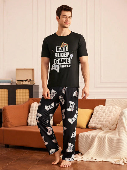 Provexi Men's Pajama Set, Printed Short Sleeve Top And Long Pants