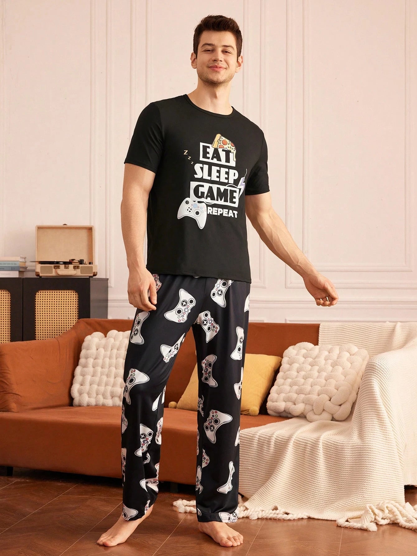 Provexi Men's Pajama Set, Printed Short Sleeve Top And Long Pants