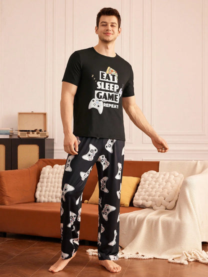 Provexi Men's Pajama Set, Printed Short Sleeve Top And Long Pants