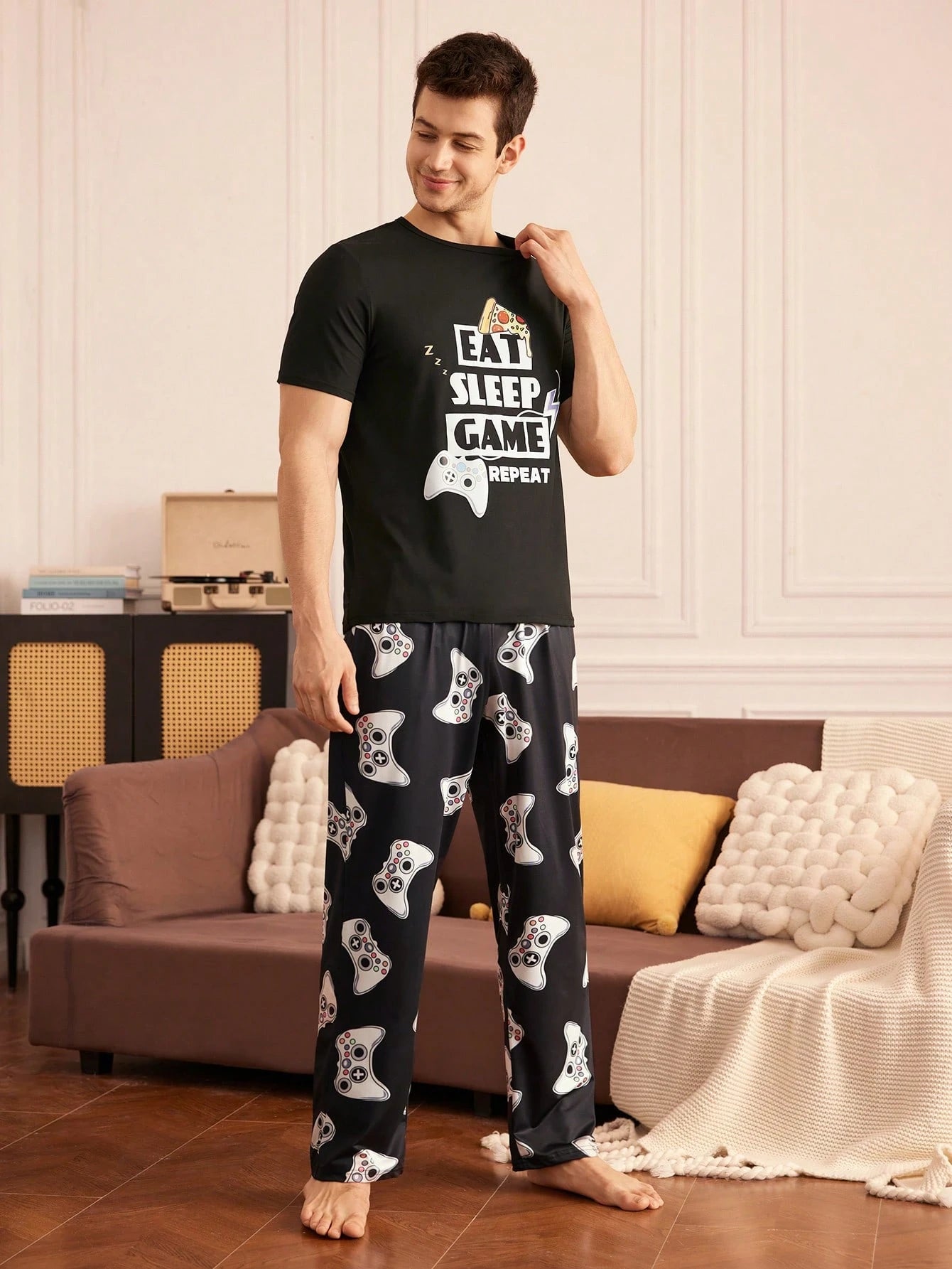 Provexi Men's Pajama Set, Printed Short Sleeve Top And Long Pants