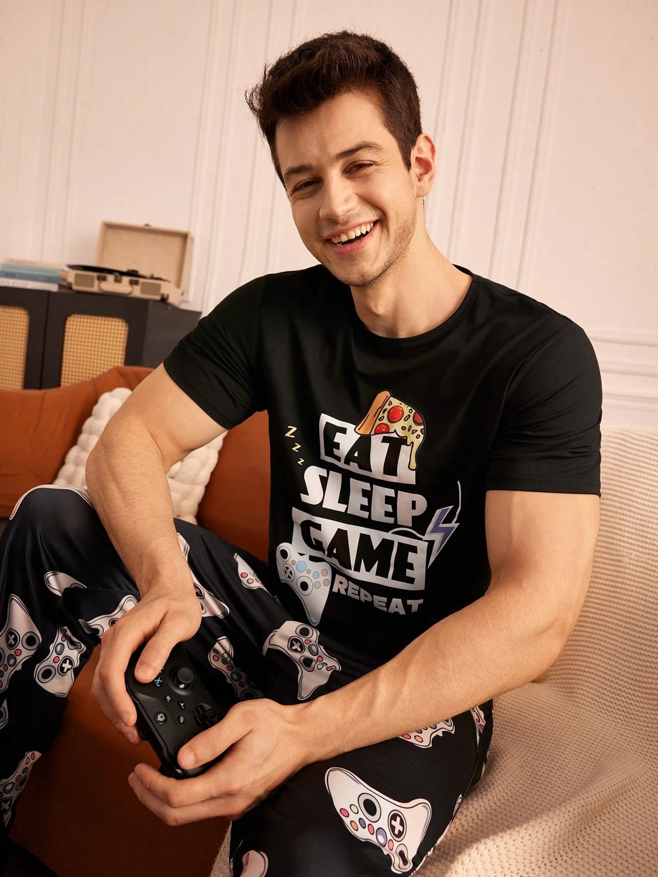 Provexi Men's Pajama Set, Printed Short Sleeve Top And Long Pants