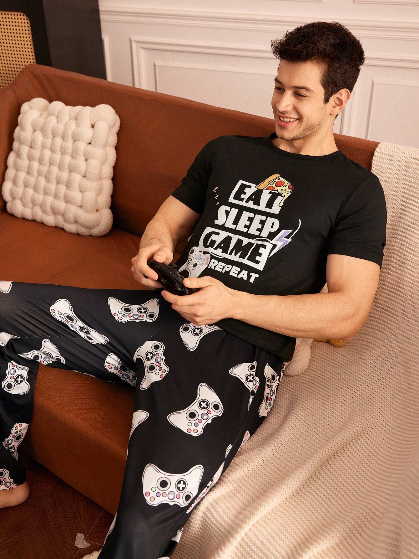 Provexi Men's Pajama Set, Printed Short Sleeve Top And Long Pants
