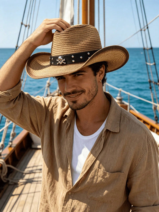Punk Skull Rivet Western Cowboy Straw Hat, Printed Brim Panama Hat, Wide Brim Sun Protection Hat, Outdoor Beach Vacation Versatile Foldable Unisex Hat