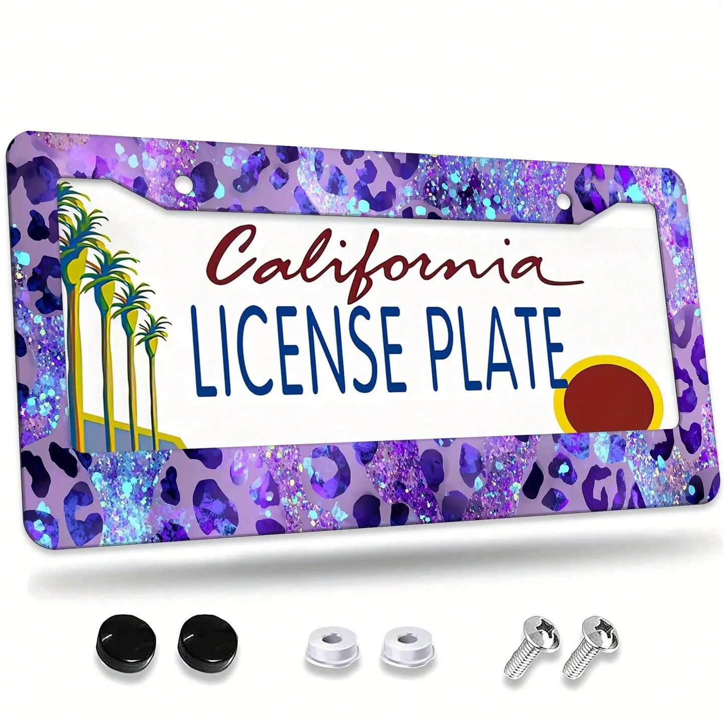 Purple Leopard Print Glitter License Plate Frame, Car Decorative Cover, Made Of Rust-Proof And Shockproof Aluminum Alloy, Suitable For Standard Car Models