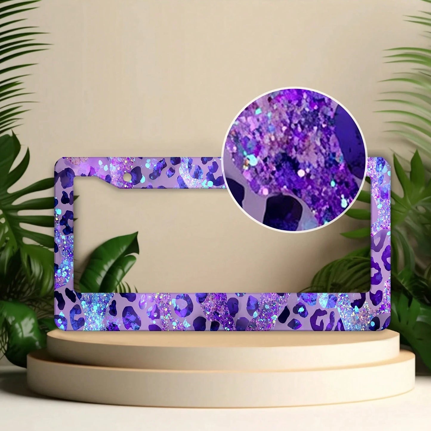 Purple Leopard Print Glitter License Plate Frame, Car Decorative Cover, Made Of Rust-Proof And Shockproof Aluminum Alloy, Suitable For Standard Car Models