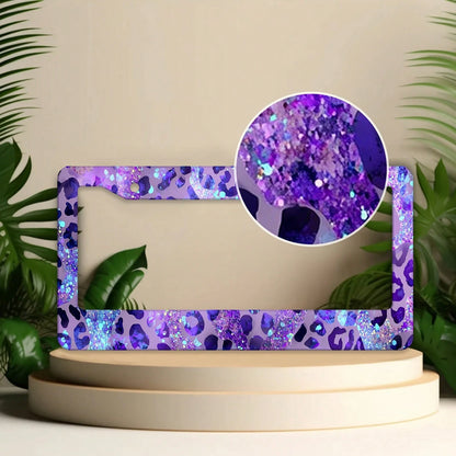 Purple Leopard Print Glitter License Plate Frame, Car Decorative Cover, Made Of Rust-Proof And Shockproof Aluminum Alloy, Suitable For Standard Car Models