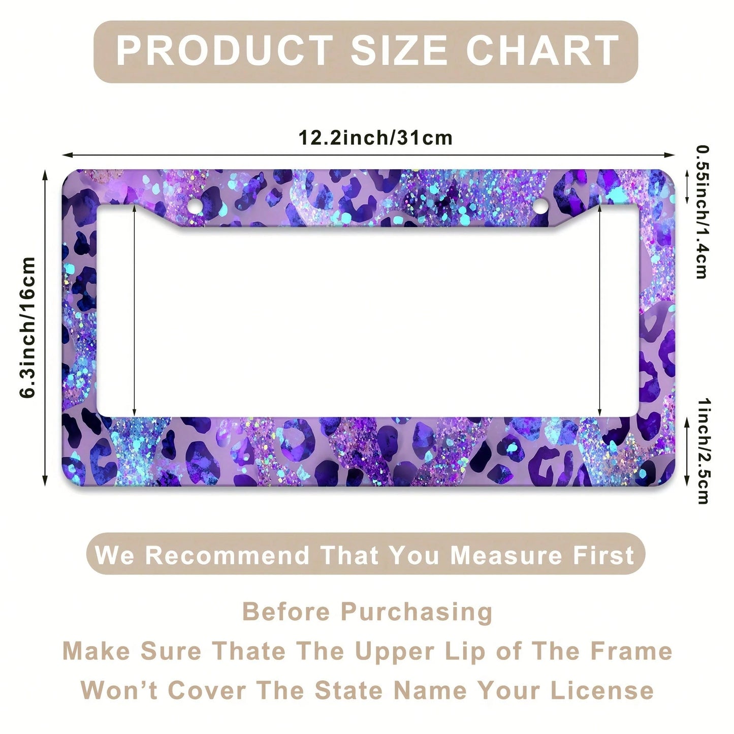 Purple Leopard Print Glitter License Plate Frame, Car Decorative Cover, Made Of Rust-Proof And Shockproof Aluminum Alloy, Suitable For Standard Car Models