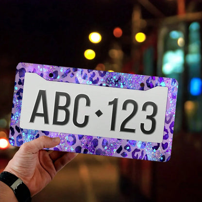 Purple Leopard Print Glitter License Plate Frame, Car Decorative Cover, Made Of Rust-Proof And Shockproof Aluminum Alloy, Suitable For Standard Car Models