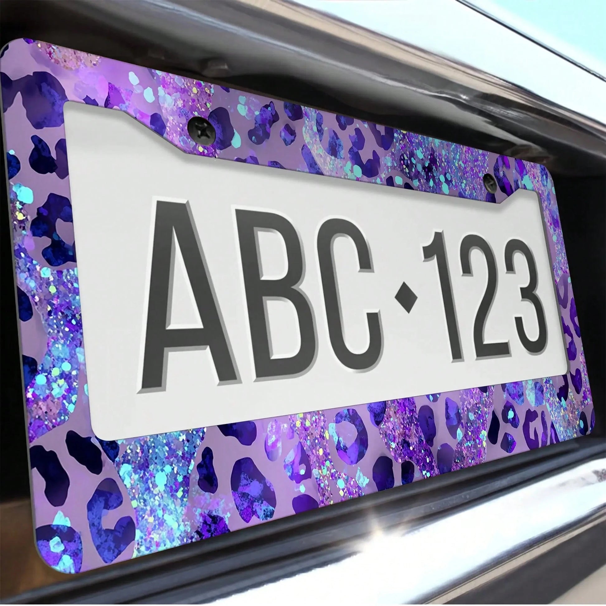 Purple Leopard Print Glitter License Plate Frame, Car Decorative Cover, Made Of Rust-Proof And Shockproof Aluminum Alloy, Suitable For Standard Car Models