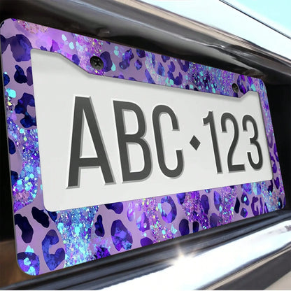 Purple Leopard Print Glitter License Plate Frame, Car Decorative Cover, Made Of Rust-Proof And Shockproof Aluminum Alloy, Suitable For Standard Car Models