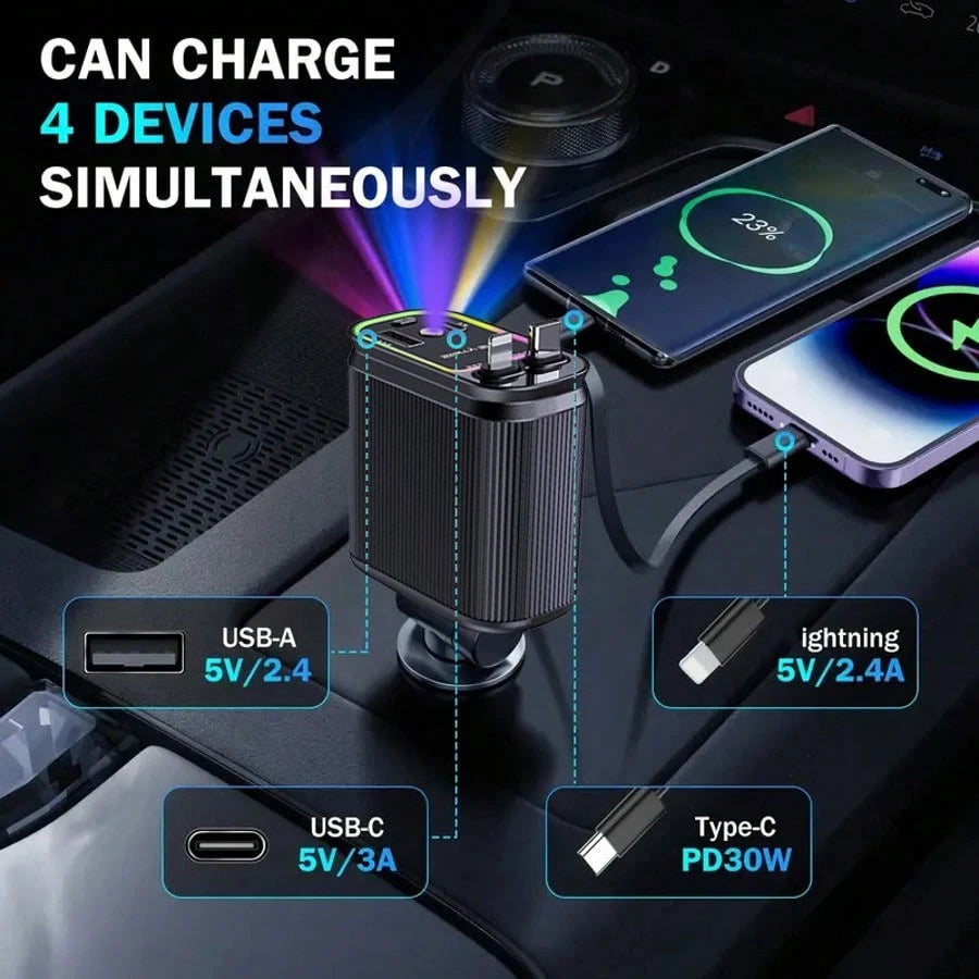 Purple-Star Projection Night Light Car Charger- 4 In 1 Retractable Non-Winding Cable, 2 USB Port Adapters, Dual 80 Cm/31 Inch Long Retractable Cable, Durable And Non-Winding Design, Easy To Use