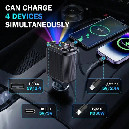 Purple-Star Projection Night Light Car Charger- 4 In 1 Retractable Non-Winding Cable, 2 USB Port Adapters, Dual 80 Cm/31 Inch Long Retractable Cable, Durable And Non-Winding Design, Easy To Use