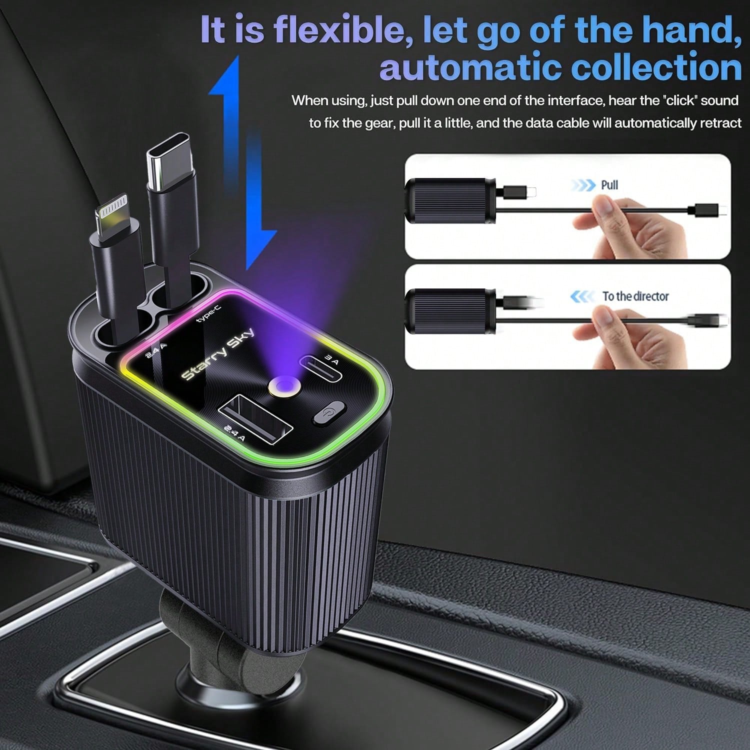 Purple-Star Projection Night Light Car Charger- 4 In 1 Retractable Non-Winding Cable, 2 USB Port Adapters, Dual 80 Cm/31 Inch Long Retractable Cable, Durable And Non-Winding Design, Easy To Use