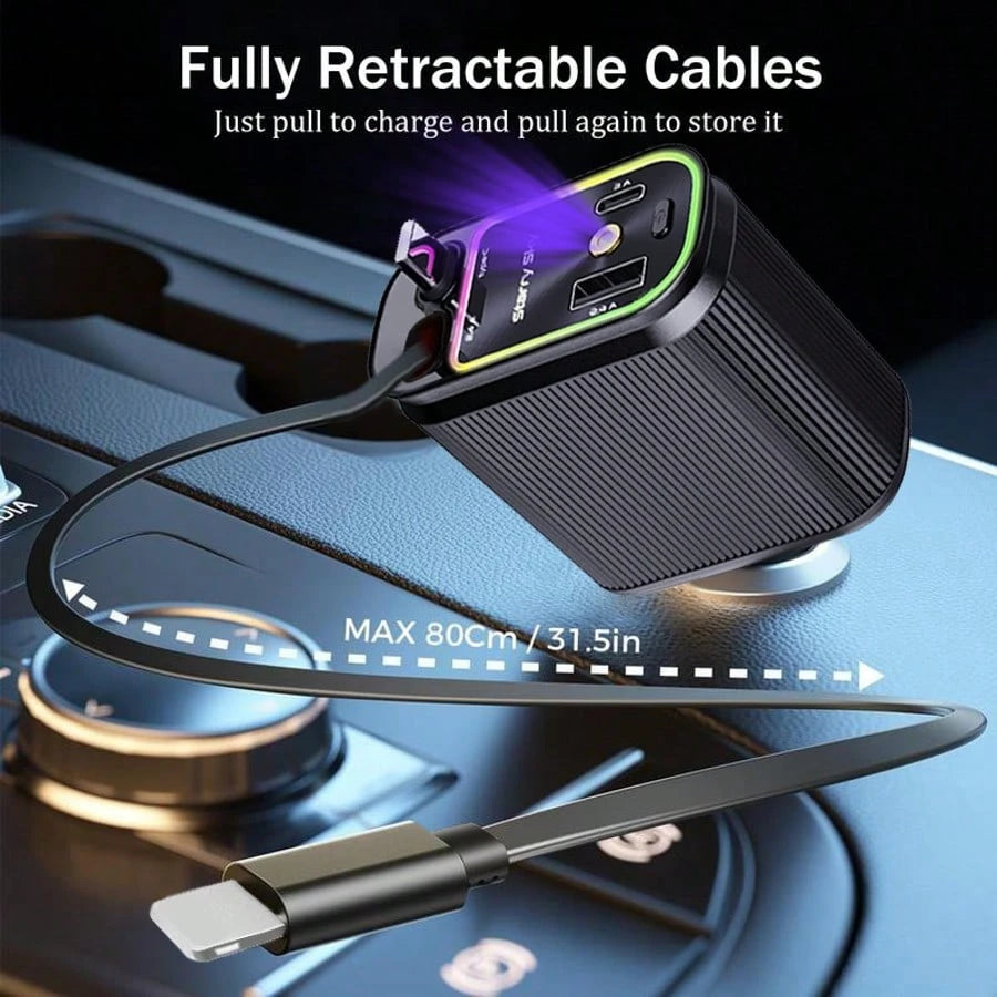 Purple-Star Projection Night Light Car Charger- 4 In 1 Retractable Non-Winding Cable, 2 USB Port Adapters, Dual 80 Cm/31 Inch Long Retractable Cable, Durable And Non-Winding Design, Easy To Use