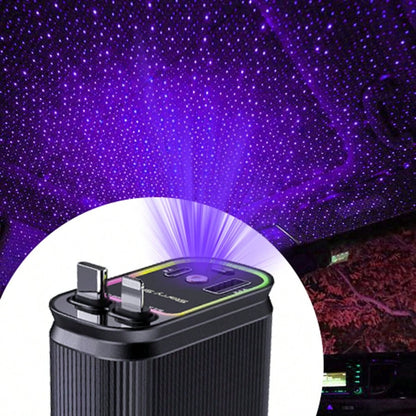 Purple-Star Projection Night Light Car Charger- 4 In 1 Retractable Non-Winding Cable, 2 USB Port Adapters, Dual 80 Cm/31 Inch Long Retractable Cable, Durable And Non-Winding Design, Easy To Use