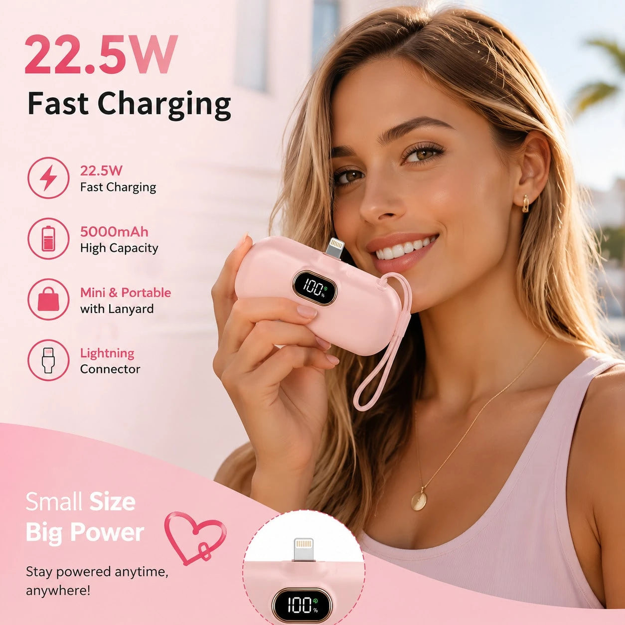 Purse-Friendly Pink 5000mAh Mini Charger With Lightning Plug, USB-C Cable And 22.5W Fast Charging, With Visible Battery Percentage Screen, Compact Capsule Shell And Lanyard For Quick Travel Access, De