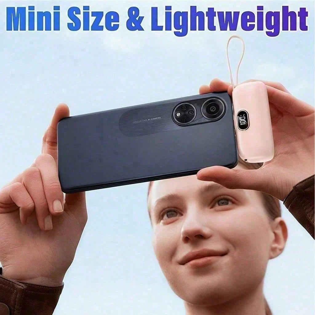 Purse-Friendly Pink 5000mAh Mini Charger With Lightning Plug, USB-C Cable And 22.5W Fast Charging, With Visible Battery Percentage Screen, Compact Capsule Shell And Lanyard For Quick Travel Access, De