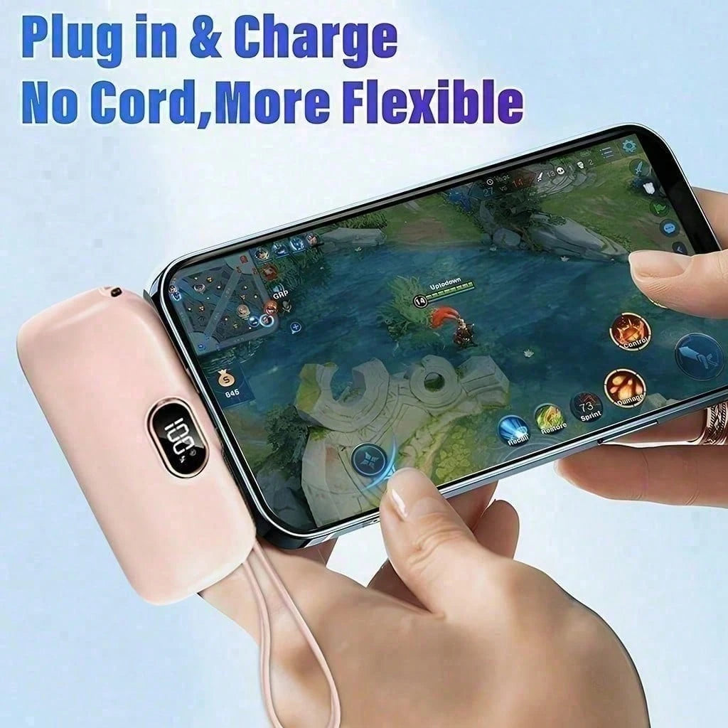 Purse-Friendly Pink 5000mAh Mini Charger With Lightning Plug, USB-C Cable And 22.5W Fast Charging, With Visible Battery Percentage Screen, Compact Capsule Shell And Lanyard For Quick Travel Access, De