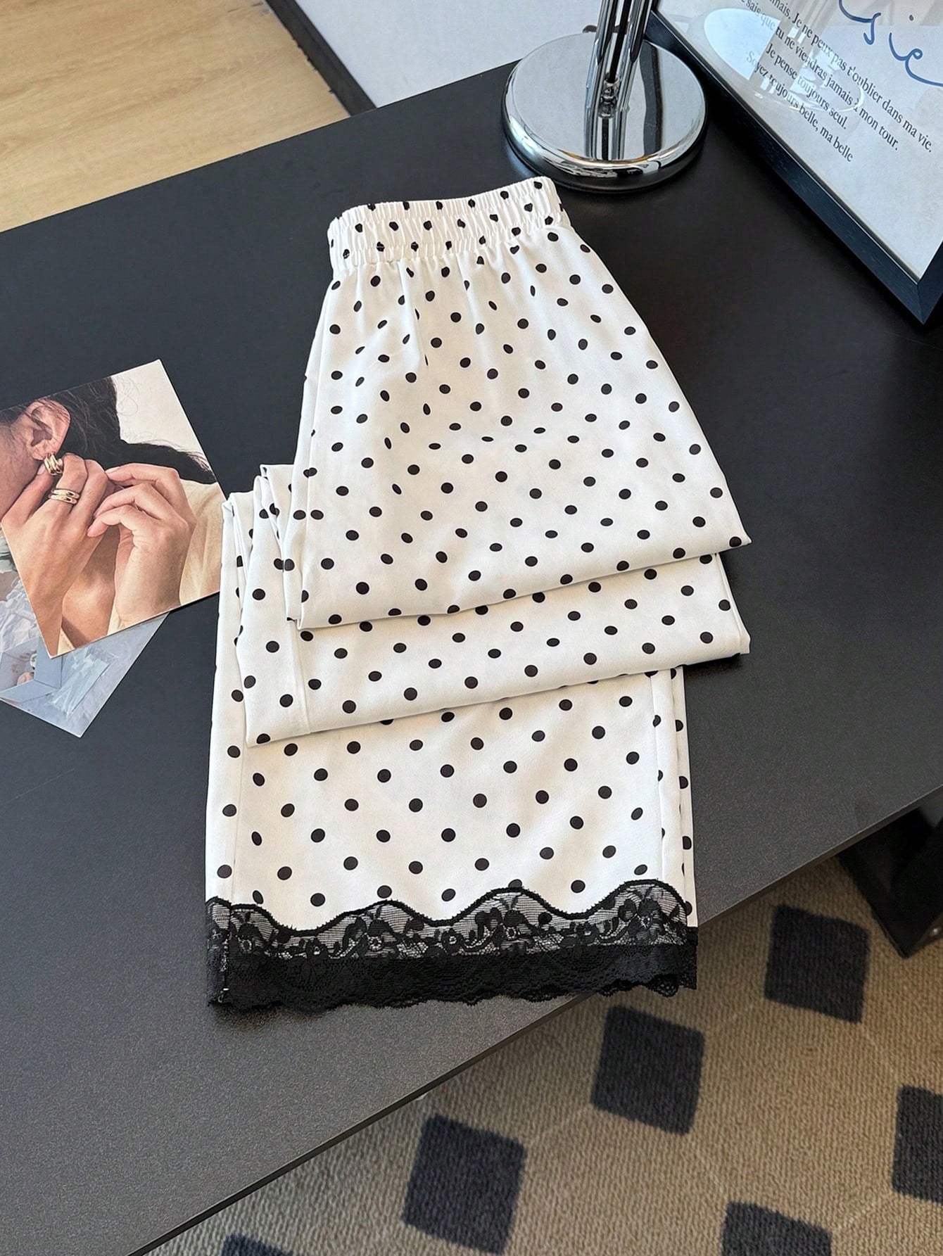 Qadelle Elegant White Woven Fabric Polka Dot Pants With Black Lace Hem Straight Leg Long Trousers For Women